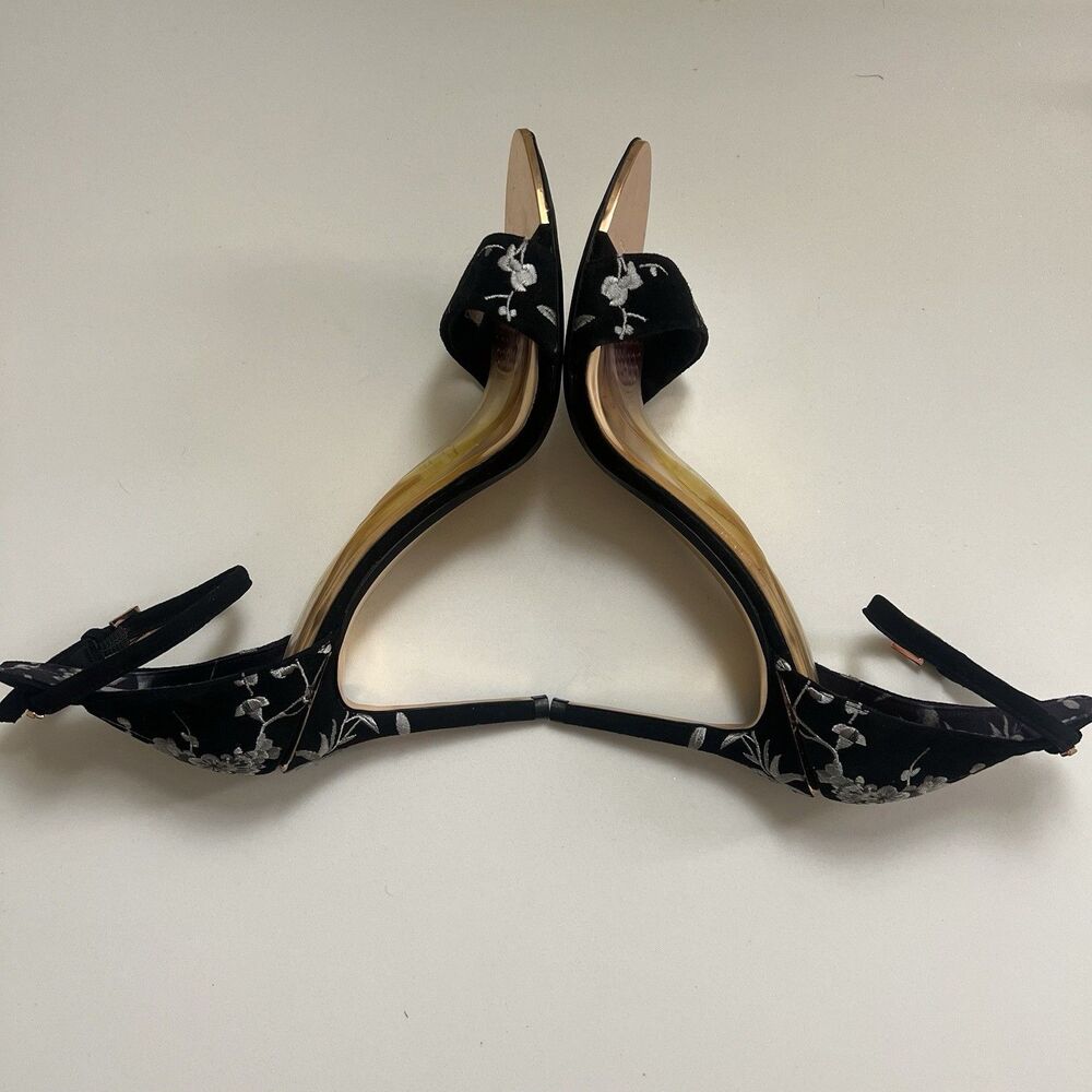 Ted Baker London NIKOAL Floral Black Velvet Ankle Strap Heel Stiletto Size 10 40 - Picture 6 of 9